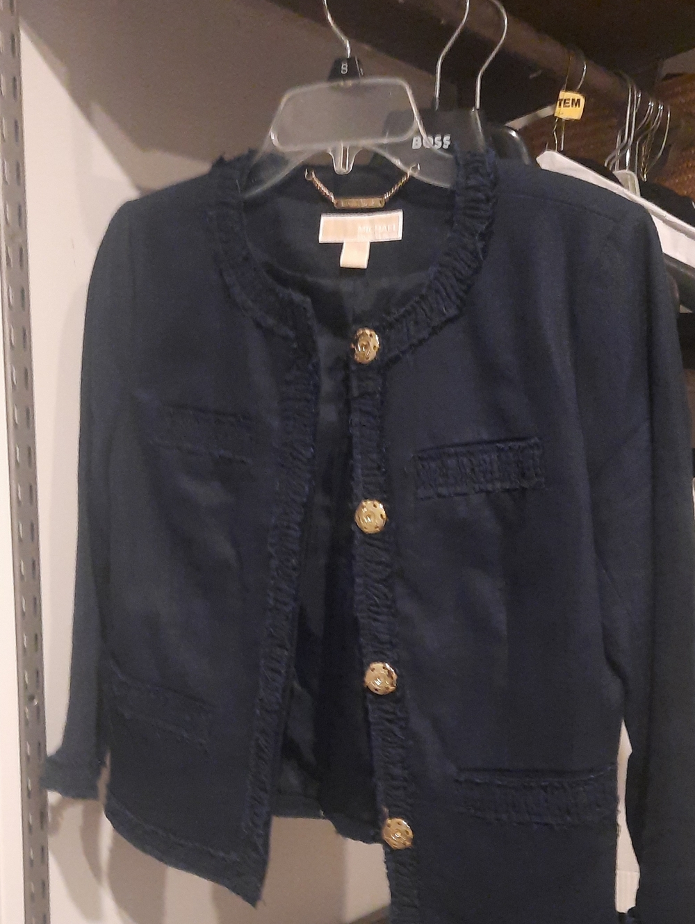 Michael Kors Navy Fringe-Trim Gold Button Jacket